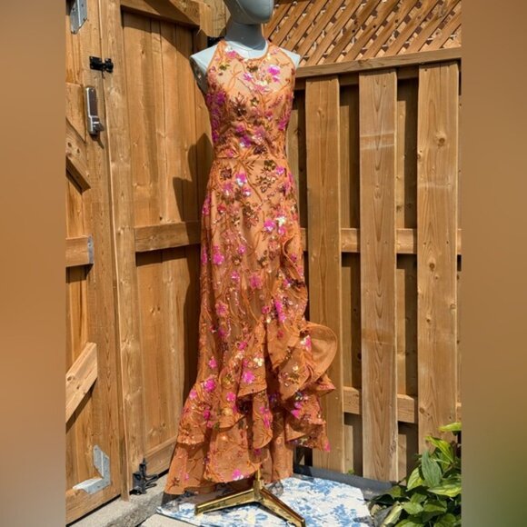 🆕 BRONX & BANCO🧿 NWOT Sicilia Coral Sequin Fluted Hem Maxi Dress, Sz XS US2 - Picture 2 of 15